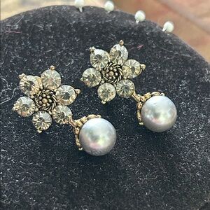Gold Floral Crystal Earrings with Gray Pearl Drops